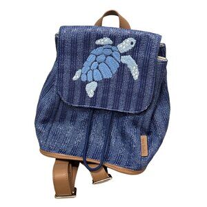 Vera Bradley Woven Backpack Embroidered Regatta Turtle Blue Tan Adjustable Strap